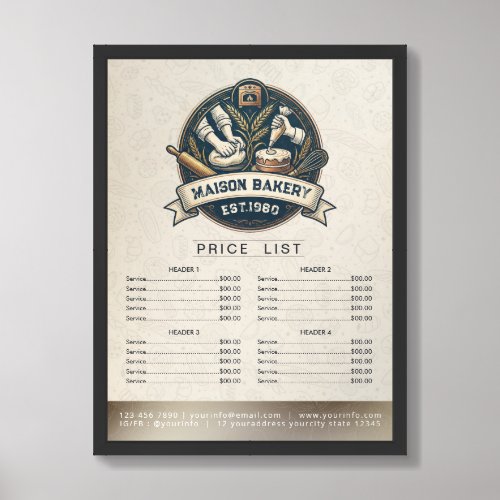 Rustic Bakery Store Pastry Dessert Menu Price List Framed Art