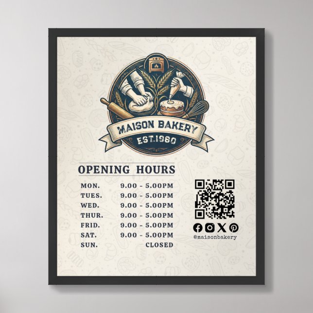 Rustic Bakery Store Pastry Desserts Opening Hours Framed Art (Framed Front)