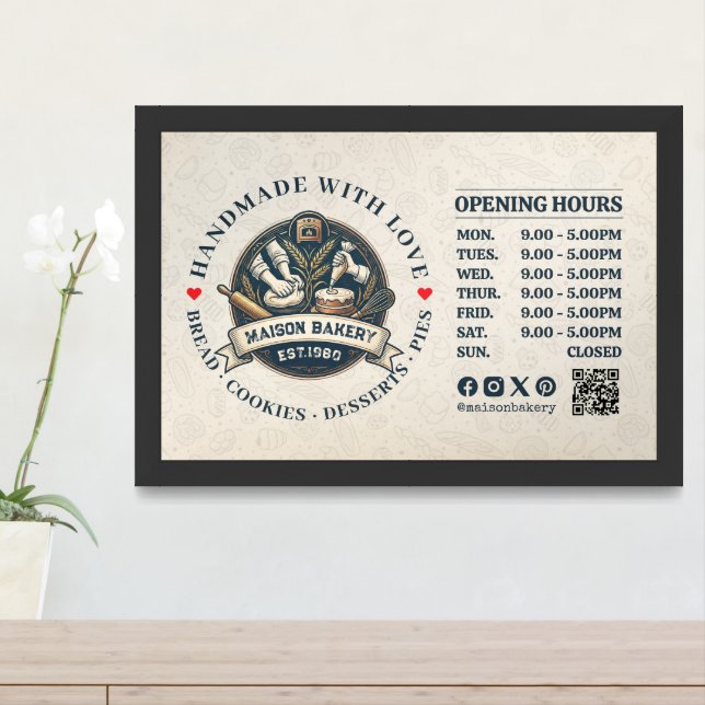 Rustic Bakery Store Pastry Desserts Opening Hours Framed Art (Entryway)