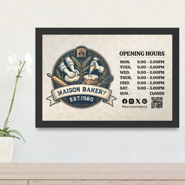 Rustic Bakery Store Pastry Desserts Opening Hours Framed Art (Entryway)