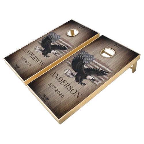 Rustic Bald Eagle Patriotic Personalized Wood Corn Cornhole Set