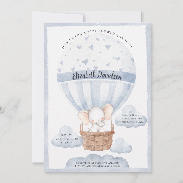 Rustic Balloon Elephant Boy Blue Baby Shower Invitation (Front)