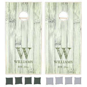 Rustic bamboo green washed wood Family Monogram Cornhole Set