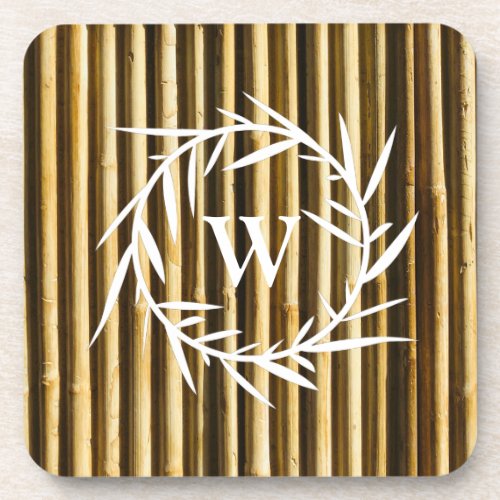 Rustic Bamboo Monogram Vertical Lines Pattern Beverage Coaster