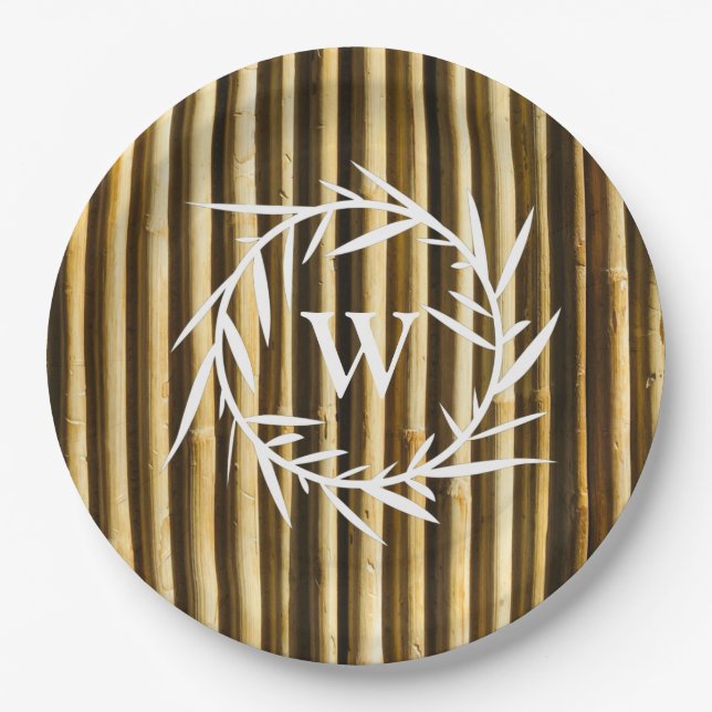 Rustic Bamboo Monogram Vertical Lines Pattern Paper Plates (Front)