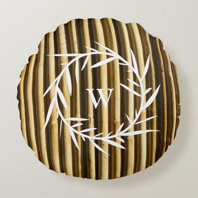 Rustic Bamboo Monogram Vertical Lines Pattern Round Pillow (Front)