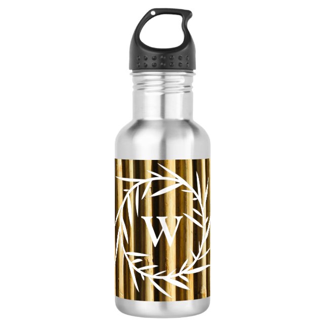 Rustic Bamboo Monogram Vertical Lines Pattern Stainless Steel Water Bottle (Front)
