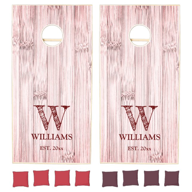 Rustic bamboo red washed wood Family Monogram Cornhole Set (Set)