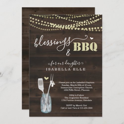 Rustic Baptism / Christening BBQ Party Invitation - BBQ utensils and a mason jar depicting your wonderfully rustic Baptism / Christening BBQ celebration.
