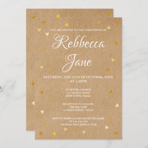 Rustic Baptism Christening Gold Hearts  Invitation