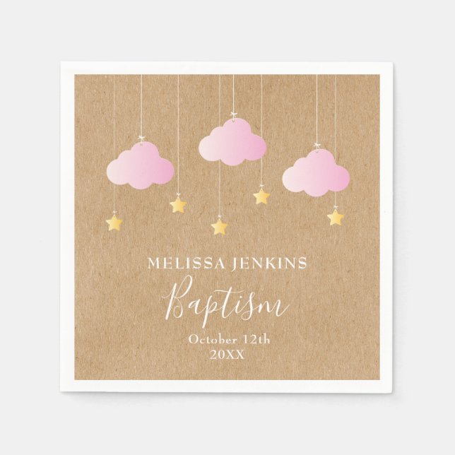 Rustic Baptism Christening Pink Clouds Gold Stars Napkins (Front)