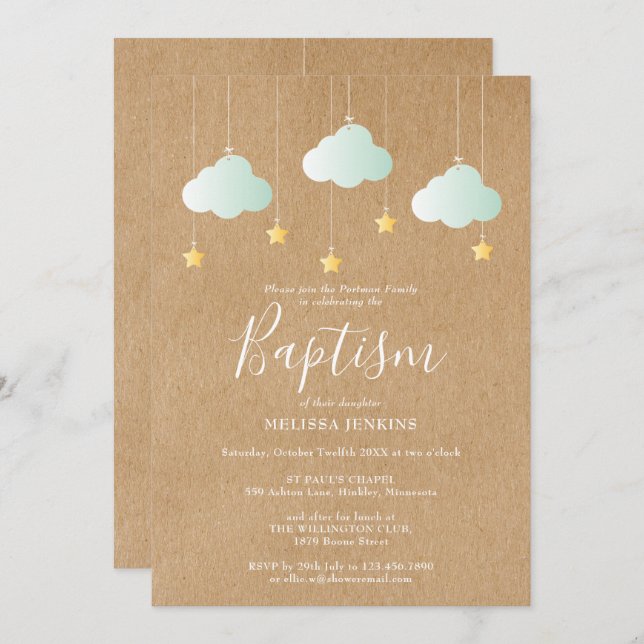 Rustic Baptism Christening Twinkle Stars Invitation (Front/Back)