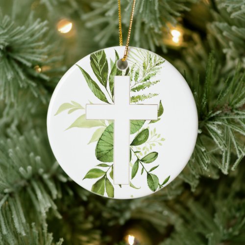 Rustic Baptism Greenery Cross Ceramic Ornament