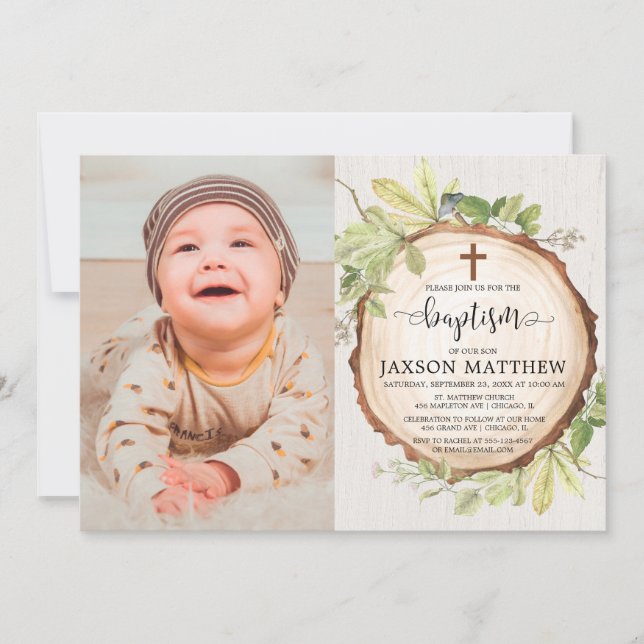 Rustic baptism photo woodland fall foliage invitation (Front)