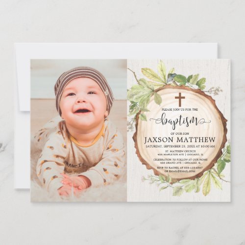 Rustic baptism photo woodland fall foliage invitation