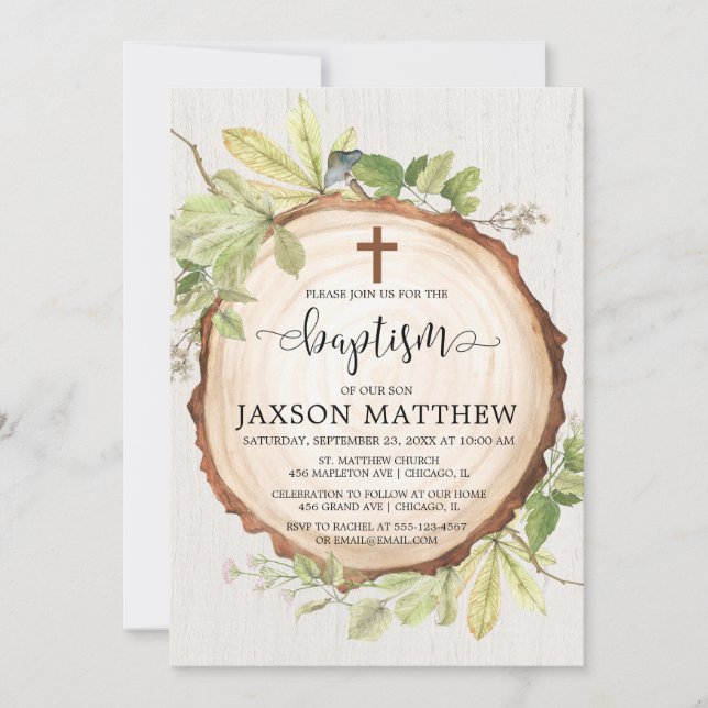 Rustic baptism woodland fall foliage greenery invitation (Front)