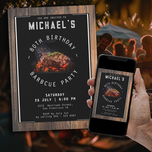 Rustic Barbecue 80th Birthday Party Invitation