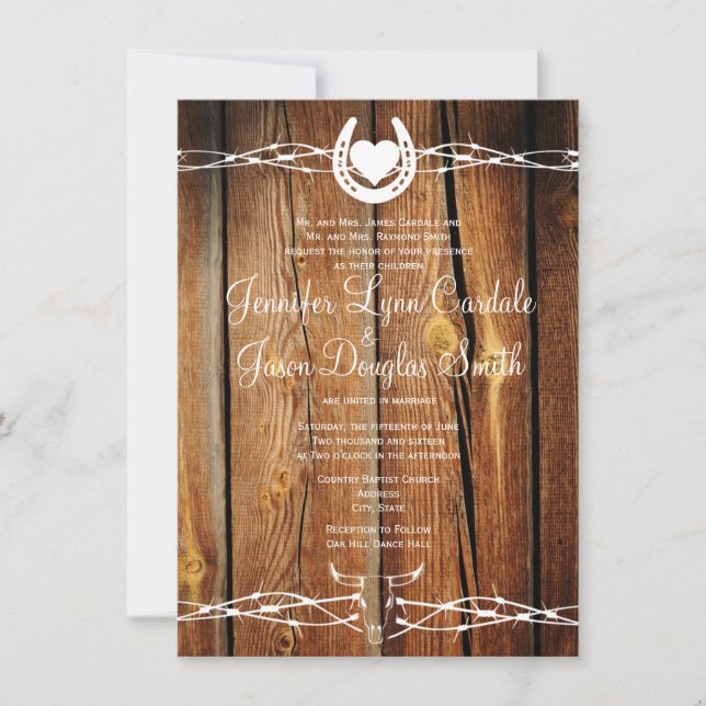 Rustic Barbed Wire Horseshoe Wedding Invitations (Front)