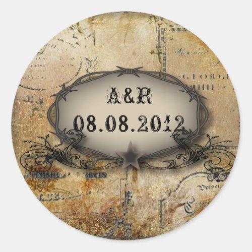 rustic barbed wire western country cowboy wedding classic round sticker