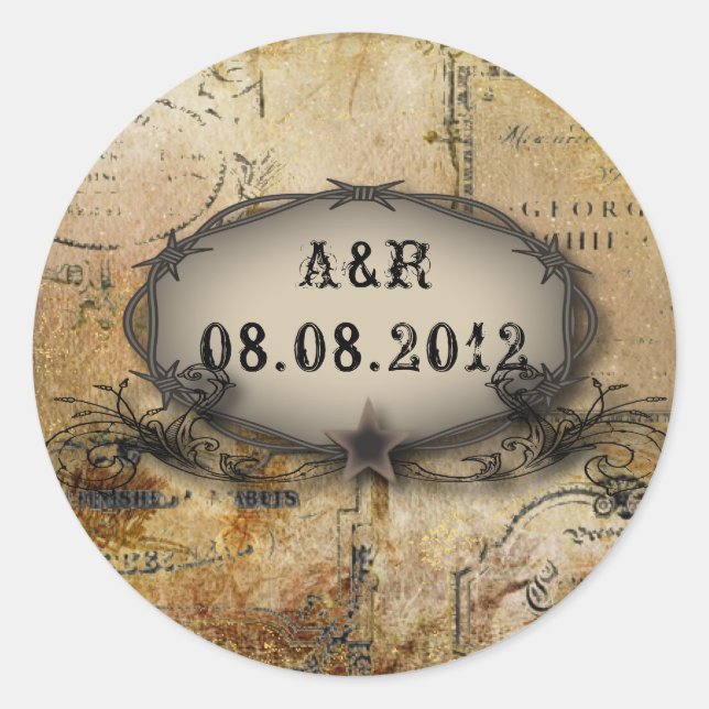 rustic barbed wire western country cowboy wedding classic round sticker (Front)