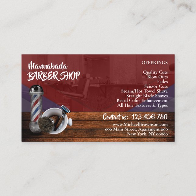Rustic Barber shop Razor Brush Pole Photo Business Card (Front)