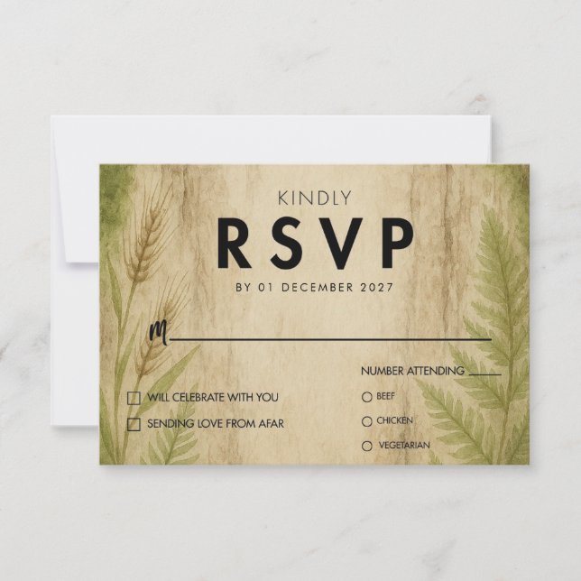 Rustic Bark and Moss Forest Wedding RSVP Card (Front)