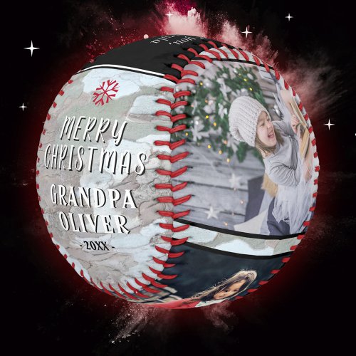 Rustic Bark Christmas Grandpa 3 Photo Collage Baseball