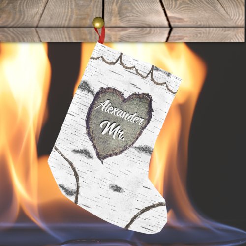 Rustic Bark Wood Carved Heart Aspen Tree Mr Small Christmas Stocking