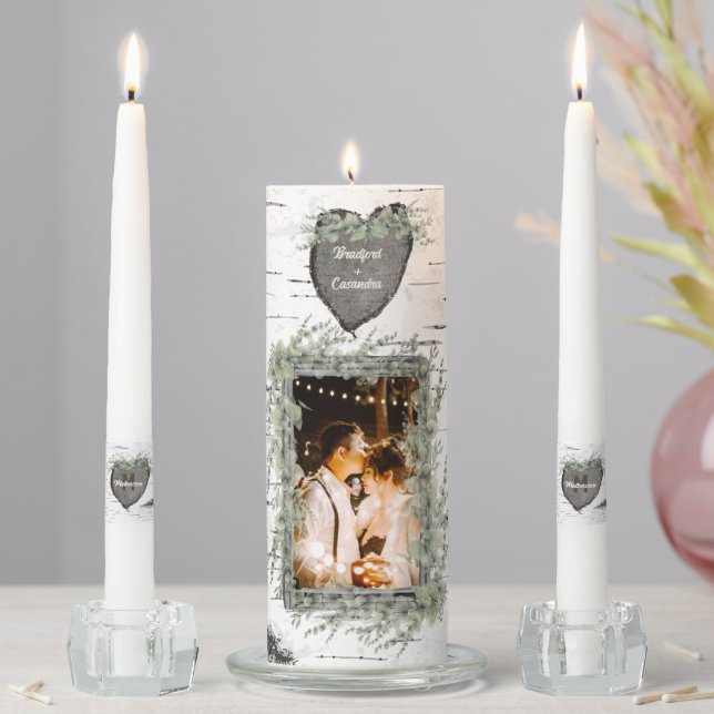 Rustic Bark Wood Heart  Couple Photo Mantel Candle (In Situ)