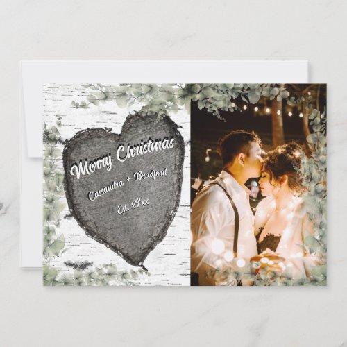 Rustic Bark Wood Heart Eucalyptus Greenery Holiday Card