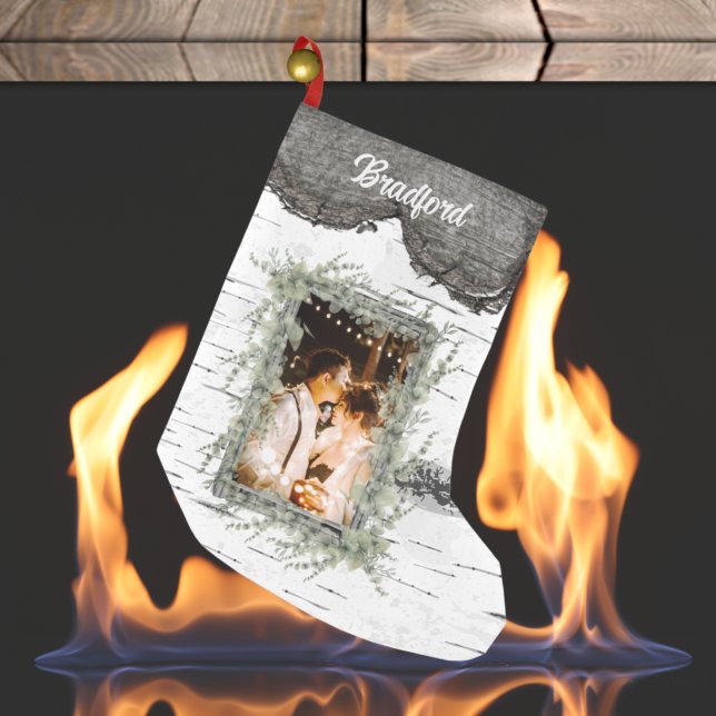 Rustic Bark Wood Heart  Family Photo Eucalyptus Small Christmas Stocking (Creator Uploaded)