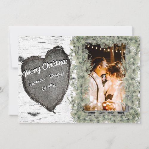 Rustic Bark Wood Heart  Family Photo Holiday Card