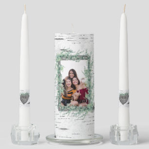 Rustic Bark Wood Heart  Family Photo Mantel Candle