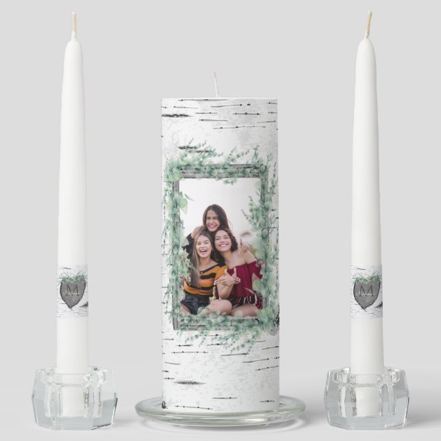 Rustic Bark Wood Heart  Family Photo Mantel Candle (Front)