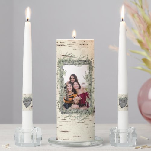 Rustic Bark Wood Heart  Family Photo Mantel Candle