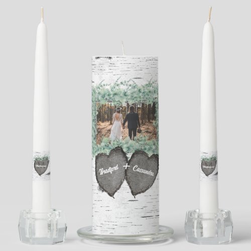 Rustic Bark Wood Heart  Family Photo Mantel Candle