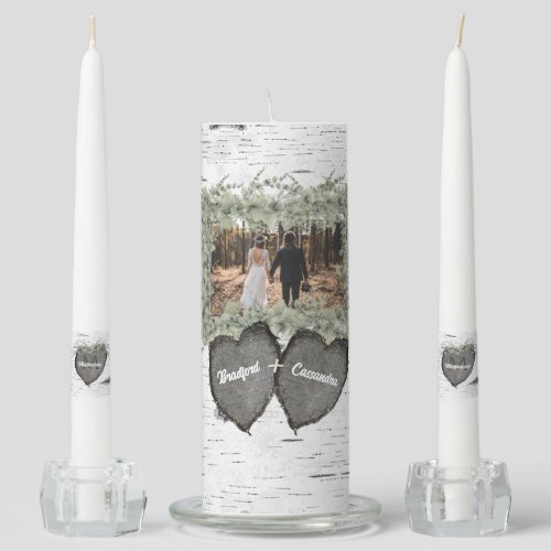 Rustic Bark Wood Heart  Family Photo Unity Candle Set