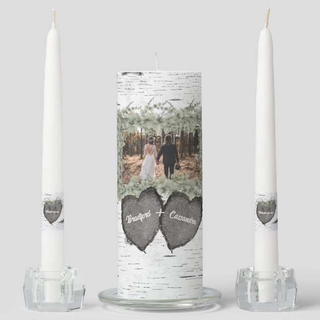 Rustic Bark Wood Heart  Family Photo Unity Candle Set (Front)
