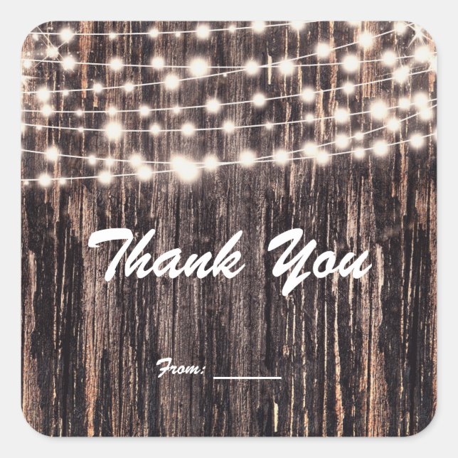 Rustic Bark Wood & String Lights Fall Favor Square Sticker (Front)