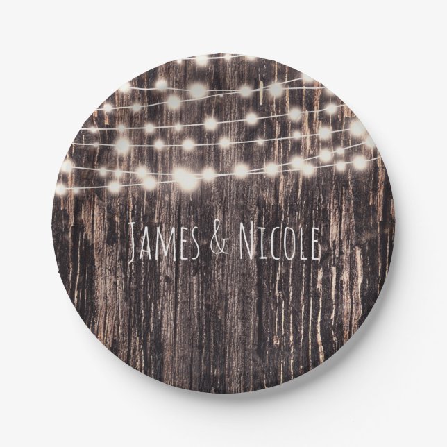 Rustic Bark Wood & String Lights Fall Party Paper Plates (Front)