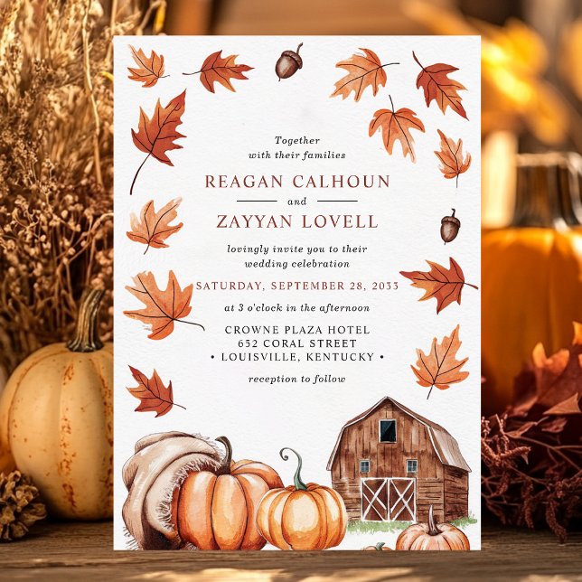 Rustic Barn Acorns Autumn Leaves Farm Wedding Invitation (Creator Uploaded)