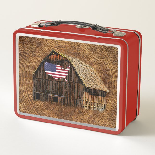 Rustic Barn American Flag Metal Lunch Box (Back)