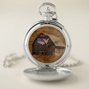 Rustic Barn American Flag Pocket Watch