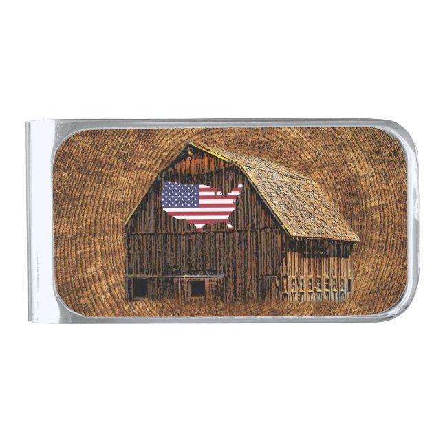 Rustic Barn American Flag Silver Finish Money Clip (Front)