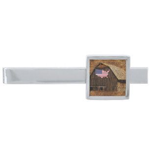 Rustic Barn American Flag Silver Finish Tie Bar