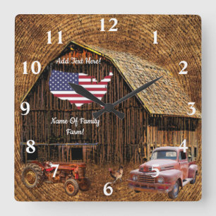 Rustic Barn American Flag Square Wall Clock