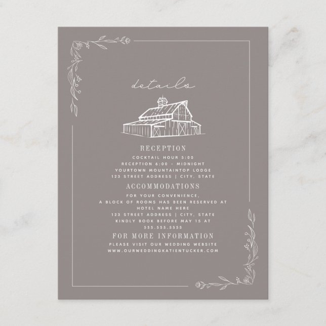 Rustic Barn Amethyst Gray Fall Wedding Details Enclosure Card (Front)