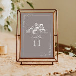 Rustic Barn Amethyst Gray Wedding Table Number<br><div class="desc">Illustration of rustic barn at top with line art botanical border.  Background is amethyst gray color.</div>