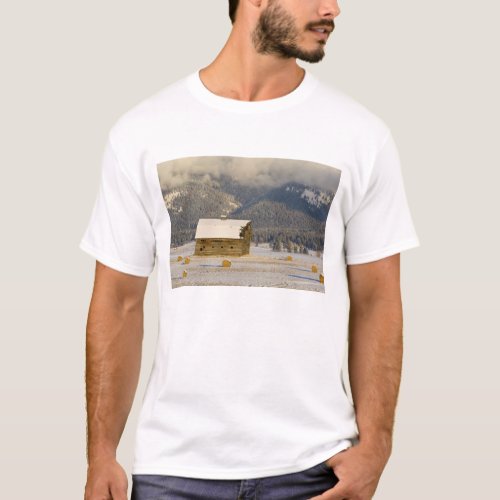 Rustic barn and hay bales after a fresh snow 2 T_Shirt