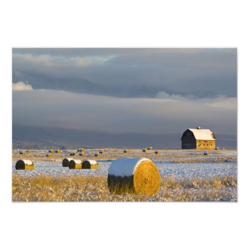 Rustic barn and hay bales after a fresh snow 3 photo print